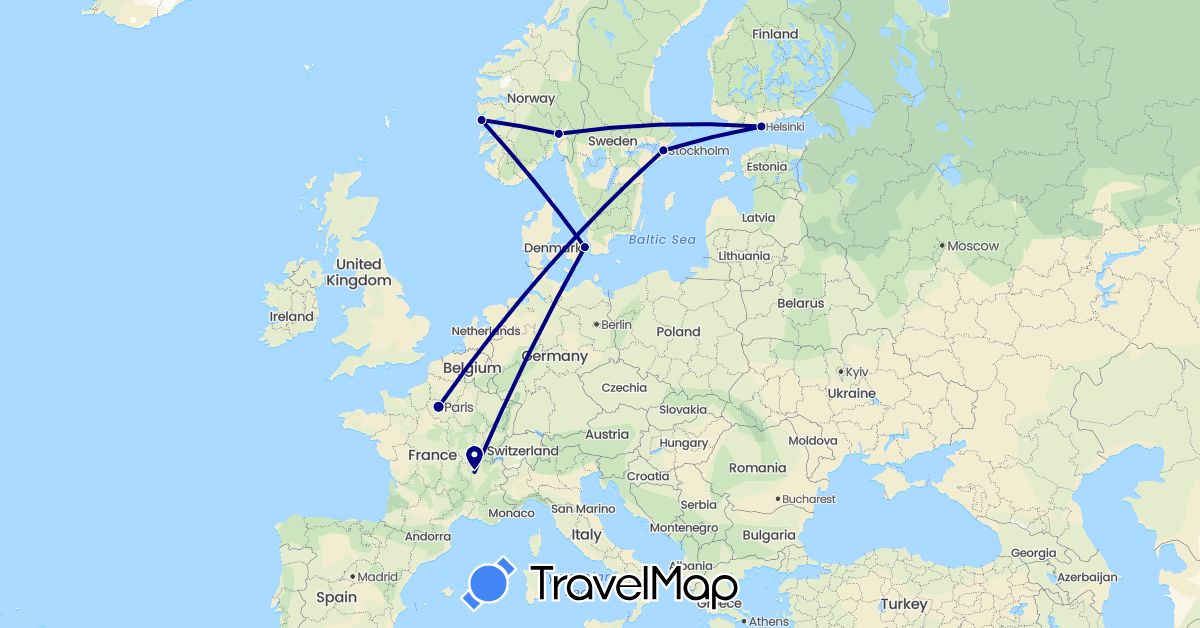 TravelMap itinerary: driving in Denmark, Finland, France, Norway, Sweden (Europe)
