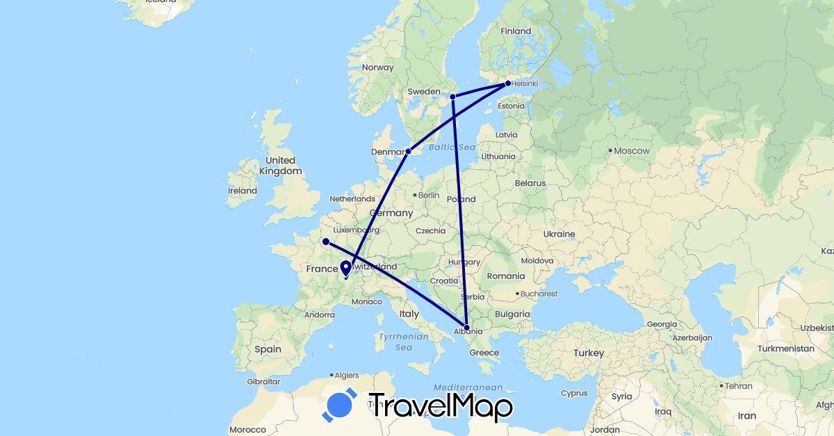 TravelMap itinerary: driving in Albania, Denmark, Finland, France, Sweden (Europe)